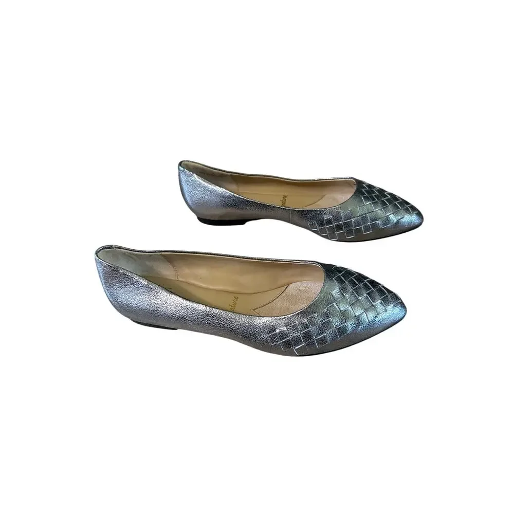 Trotters Estee Woven Leather Flats 7.5W Silver Metallic Pointed Toe Comfort